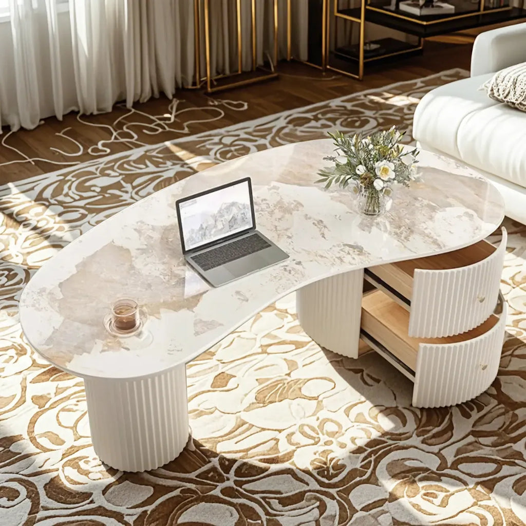 Table basse ovale standard minimaliste blanche avec 2 tiroirs