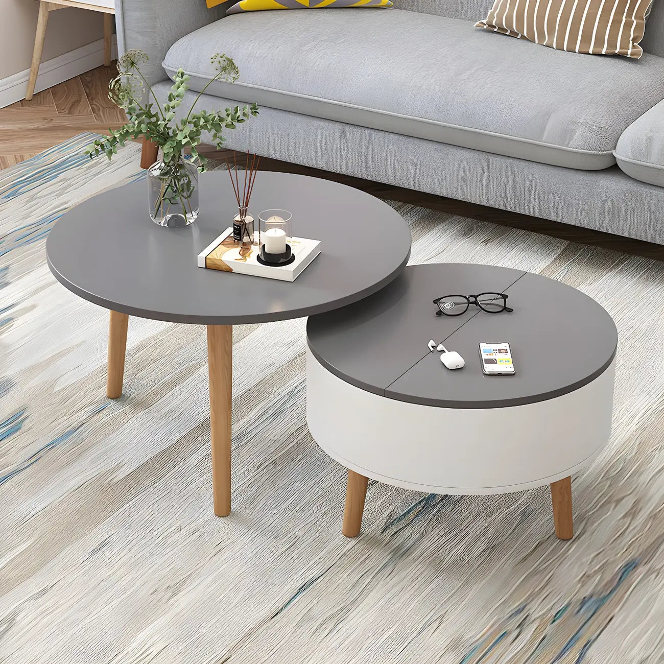 Table basse ronde moderne en bois noir et blanc avec rangement