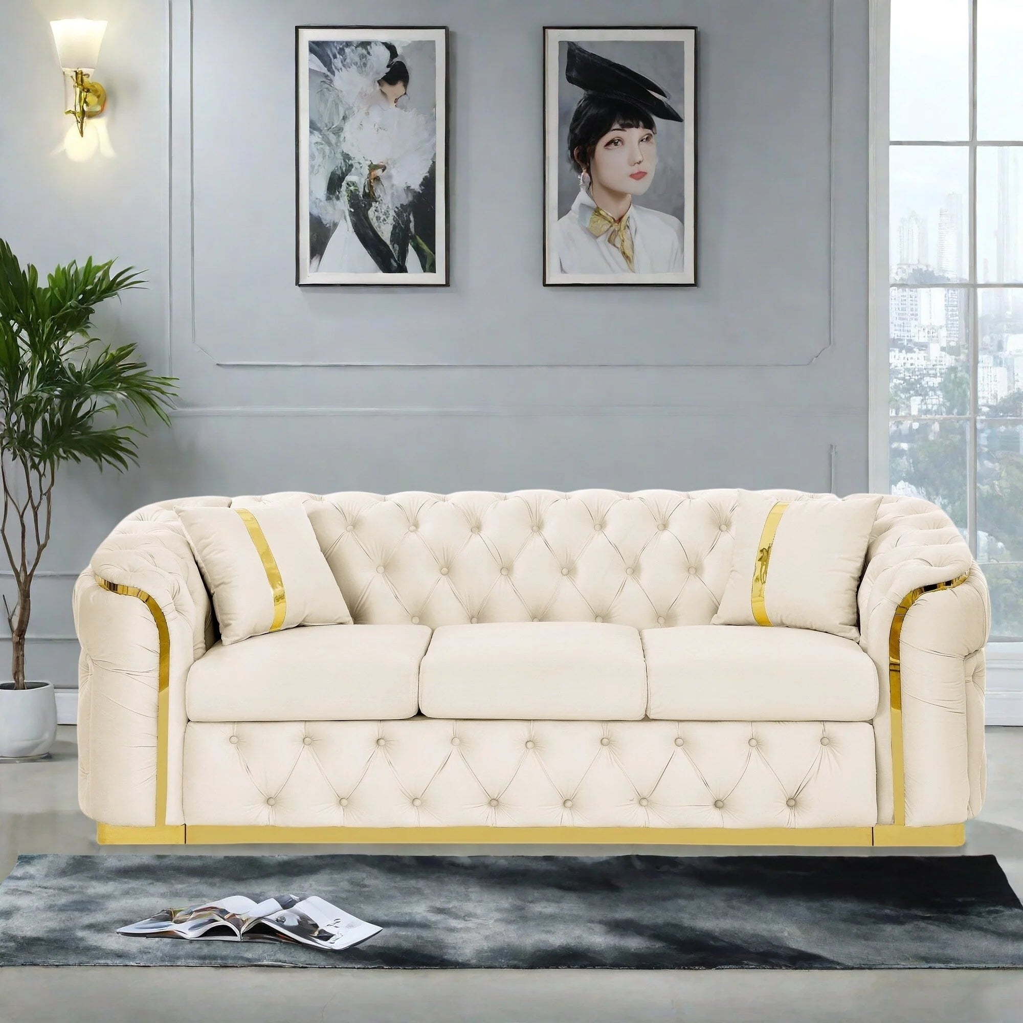 Canapé 3 places 90,6 Velvet avec 2 coussins haute densité, accents dorés et coussins