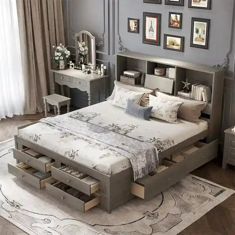 Lit plate-forme King Size avec tête de lit de rangement et 8 tiroirs
