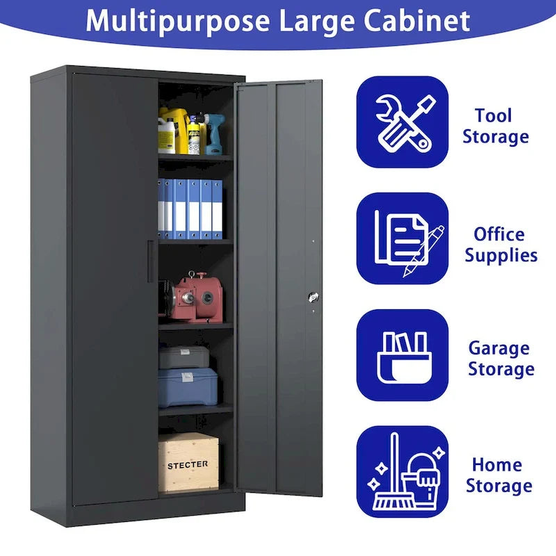 Armoire de rangement métallique de garage 72H, armoire de rangement noire en acier avec portes et 4 étagères