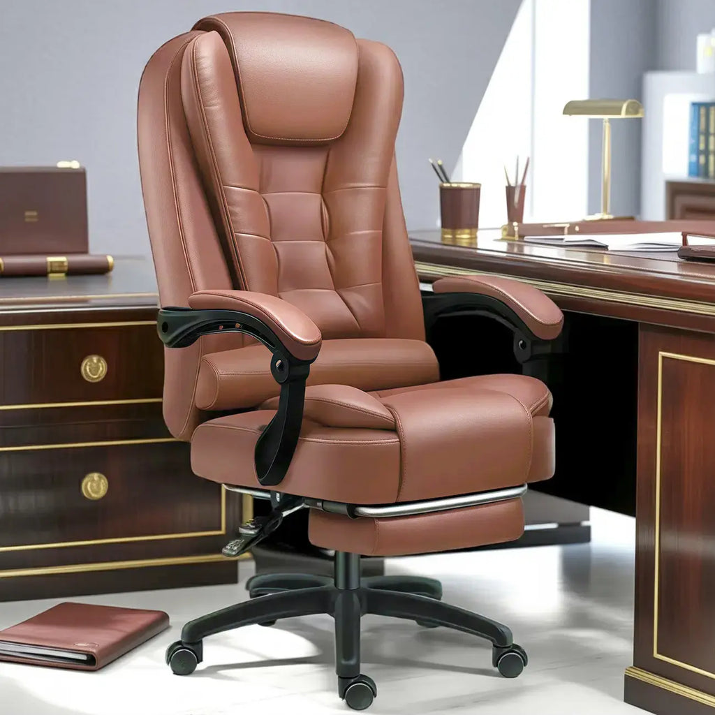 Fauteuil de bureau ergonomique pivotant en cuir noir avec repose-pieds