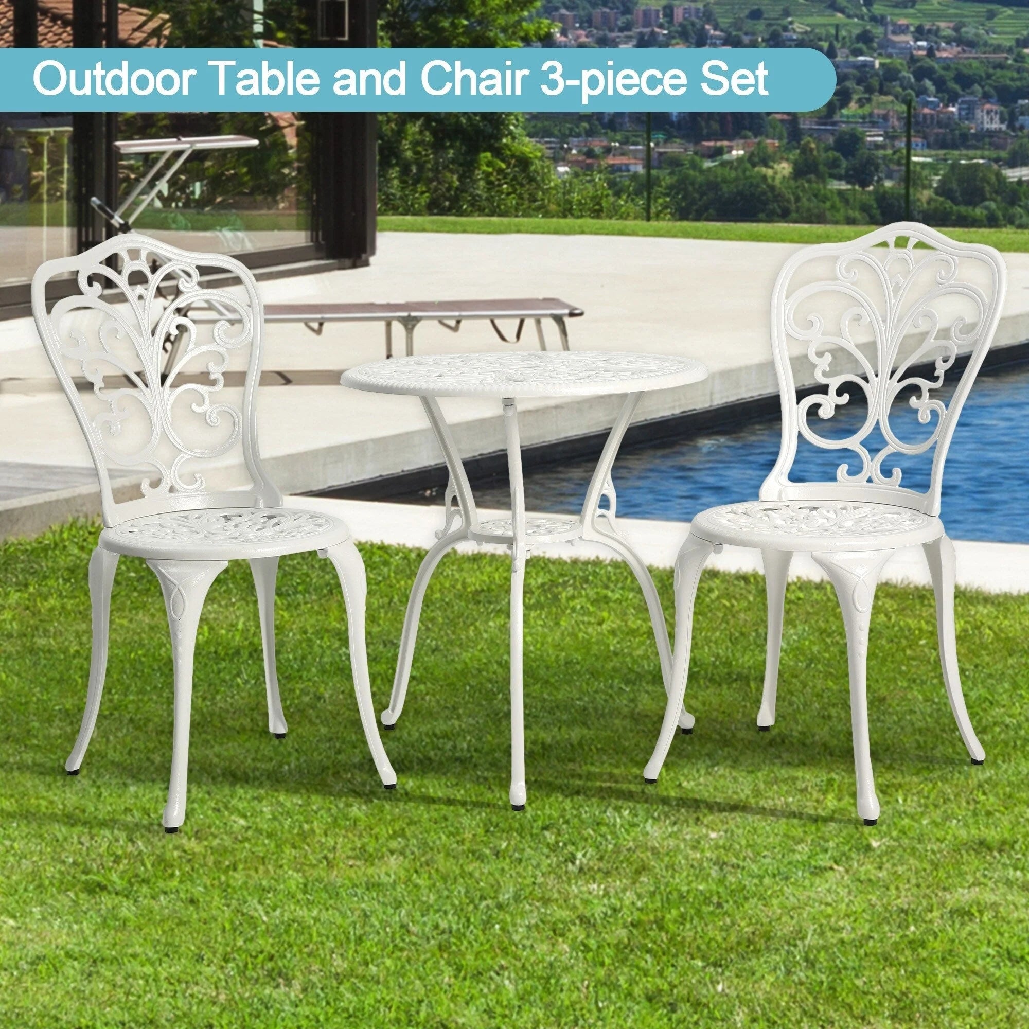 Table et chaises de patio extérieur en aluminium 3 pièces avec trou pour parasol