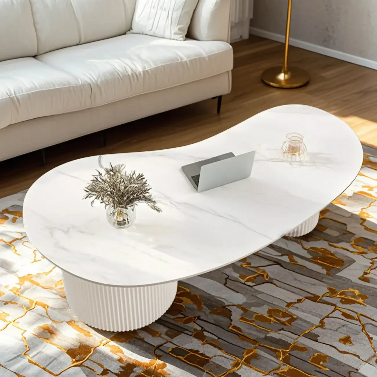 Table basse ovale standard minimaliste blanche avec 2 tiroirs