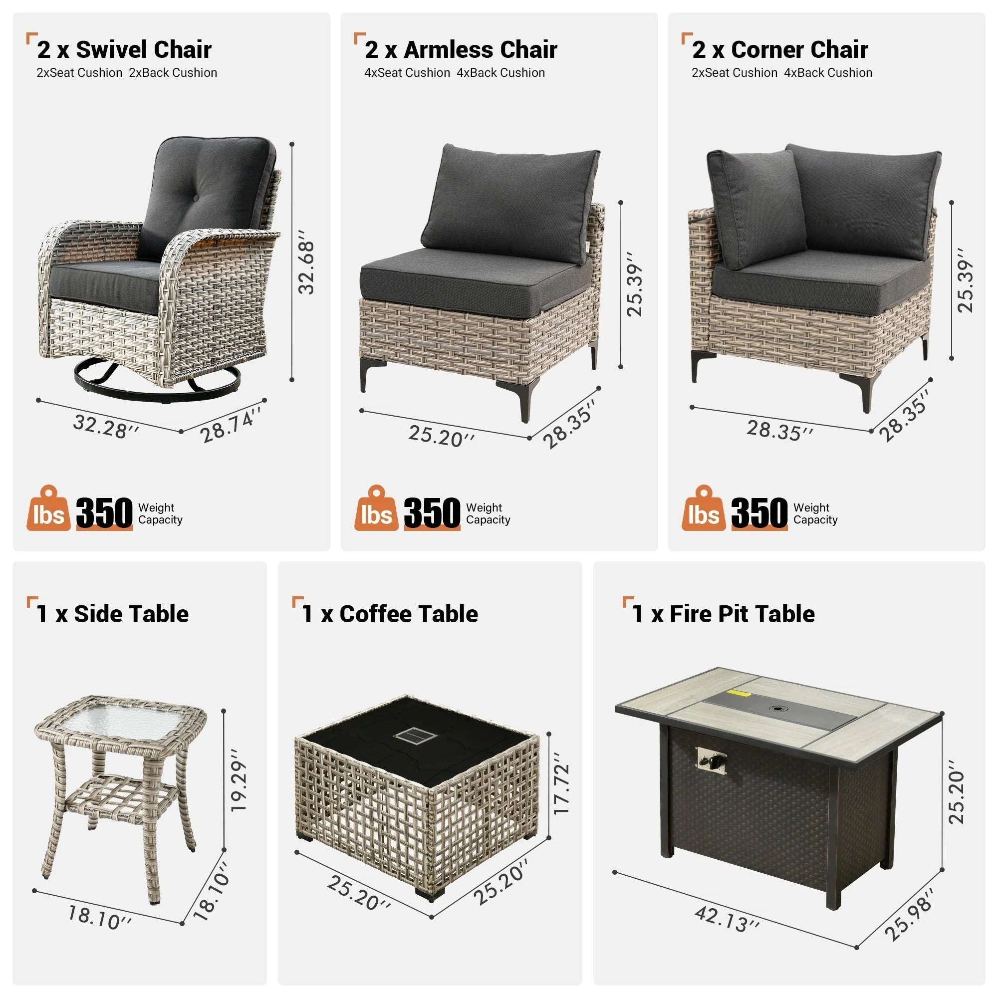 Ensemble de 9 chaises pivotantes en osier OVIOS pour l'extérieur avec table brasero