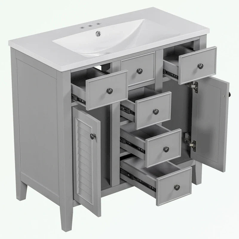Meuble-lavabo avec vasque en céramique, deux placards et cinq tiroirs