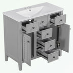 Meuble-lavabo avec vasque en céramique, deux placards et cinq tiroirs