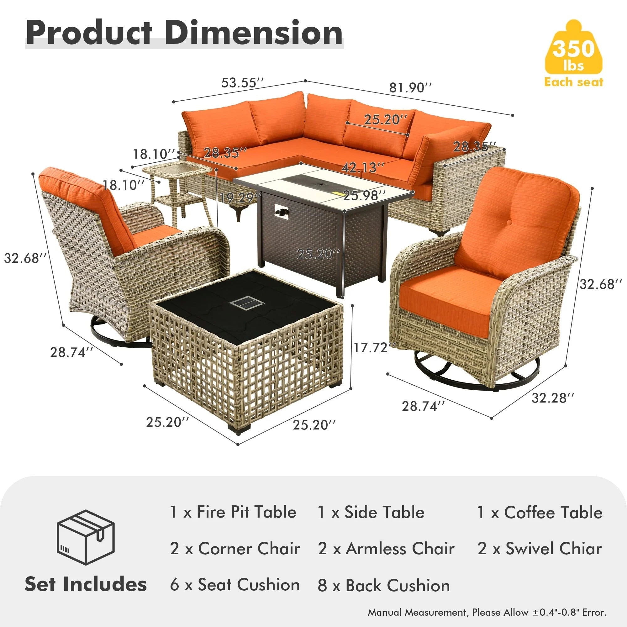 Ensemble de 9 chaises pivotantes en osier OVIOS pour l'extérieur avec table brasero