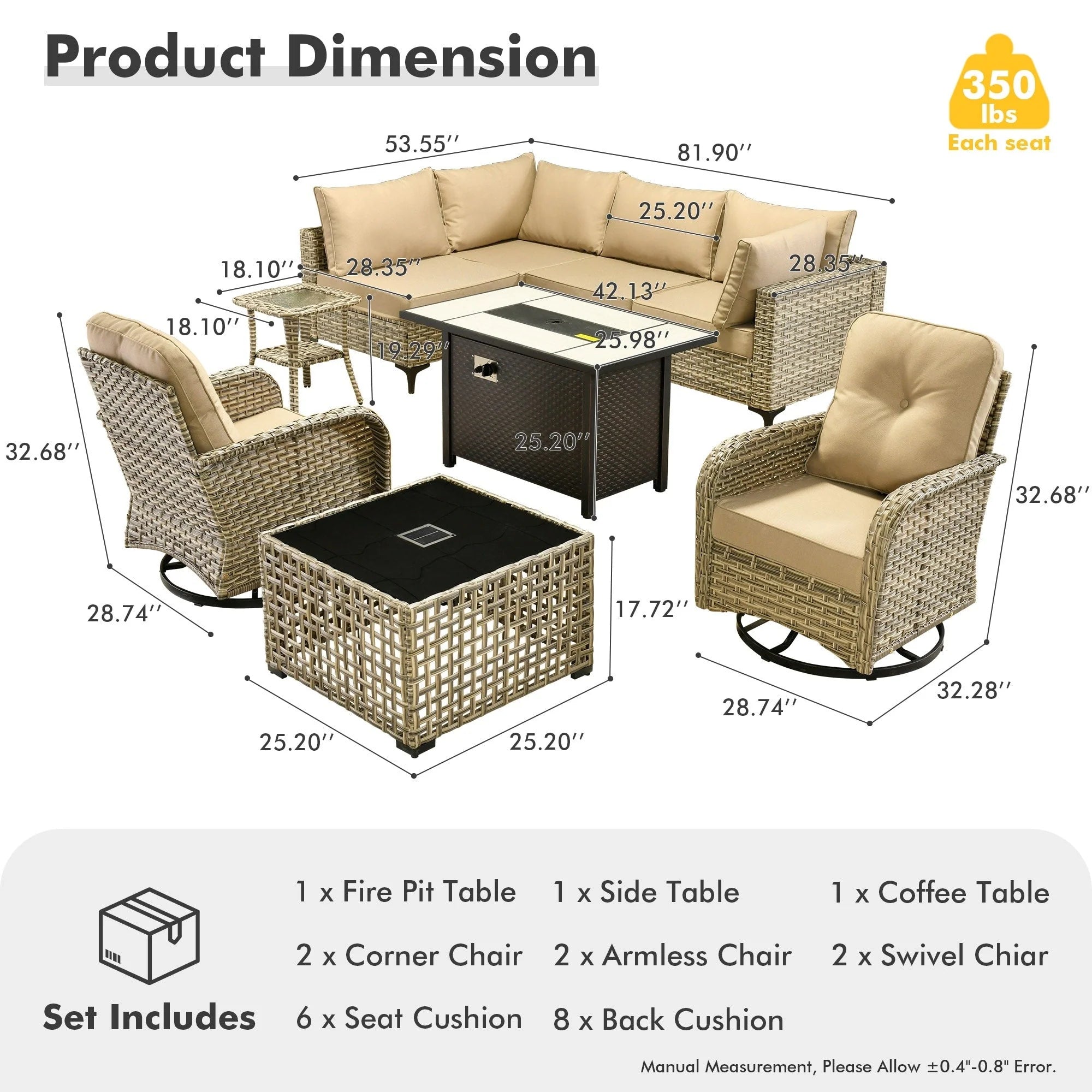Ensemble de 9 chaises pivotantes en osier OVIOS pour l'extérieur avec table brasero