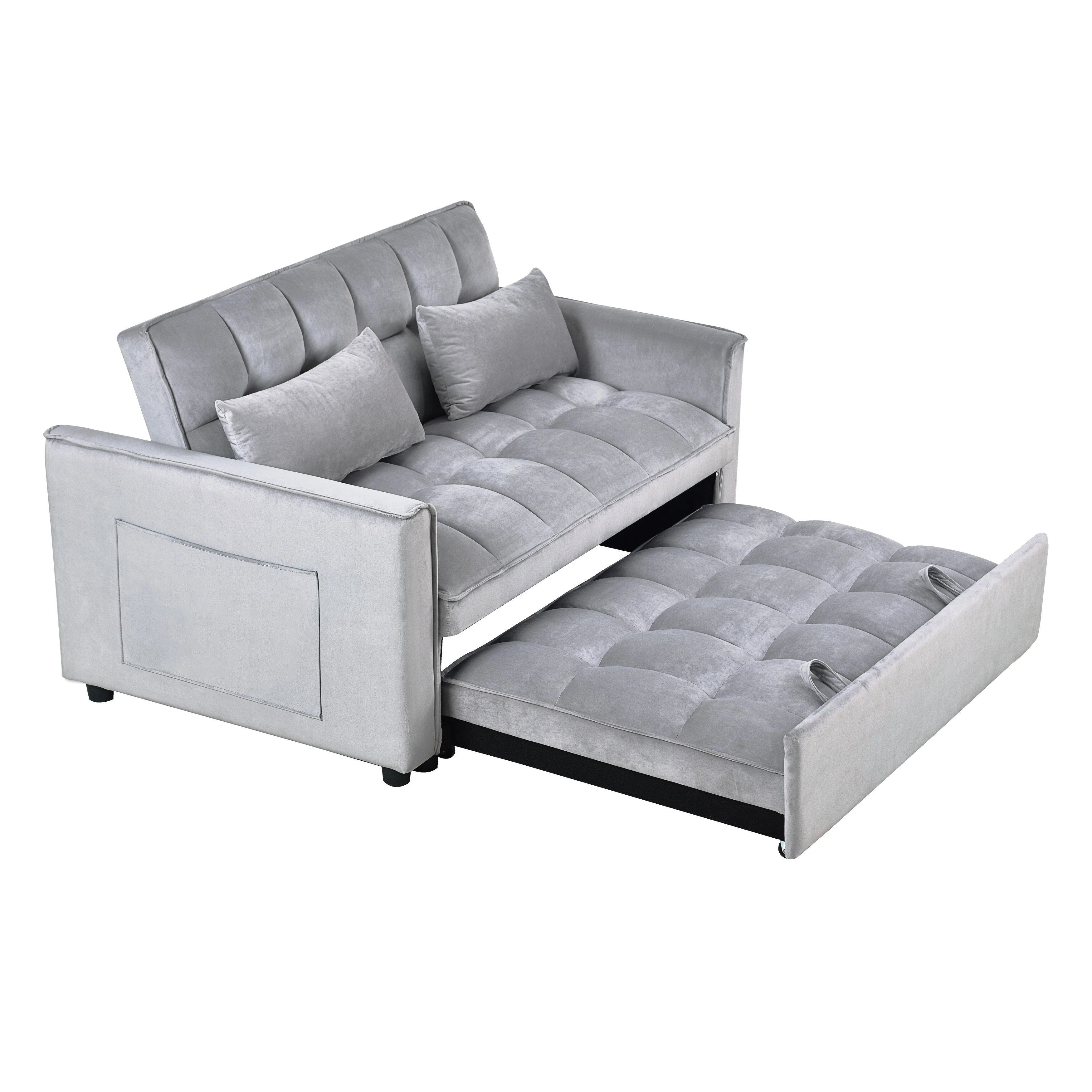 Canapé-lit gigogne moderne, canapé convertible 3-en-1 avec dossier réglable, causeuse en velours, oreillers et poches latérales