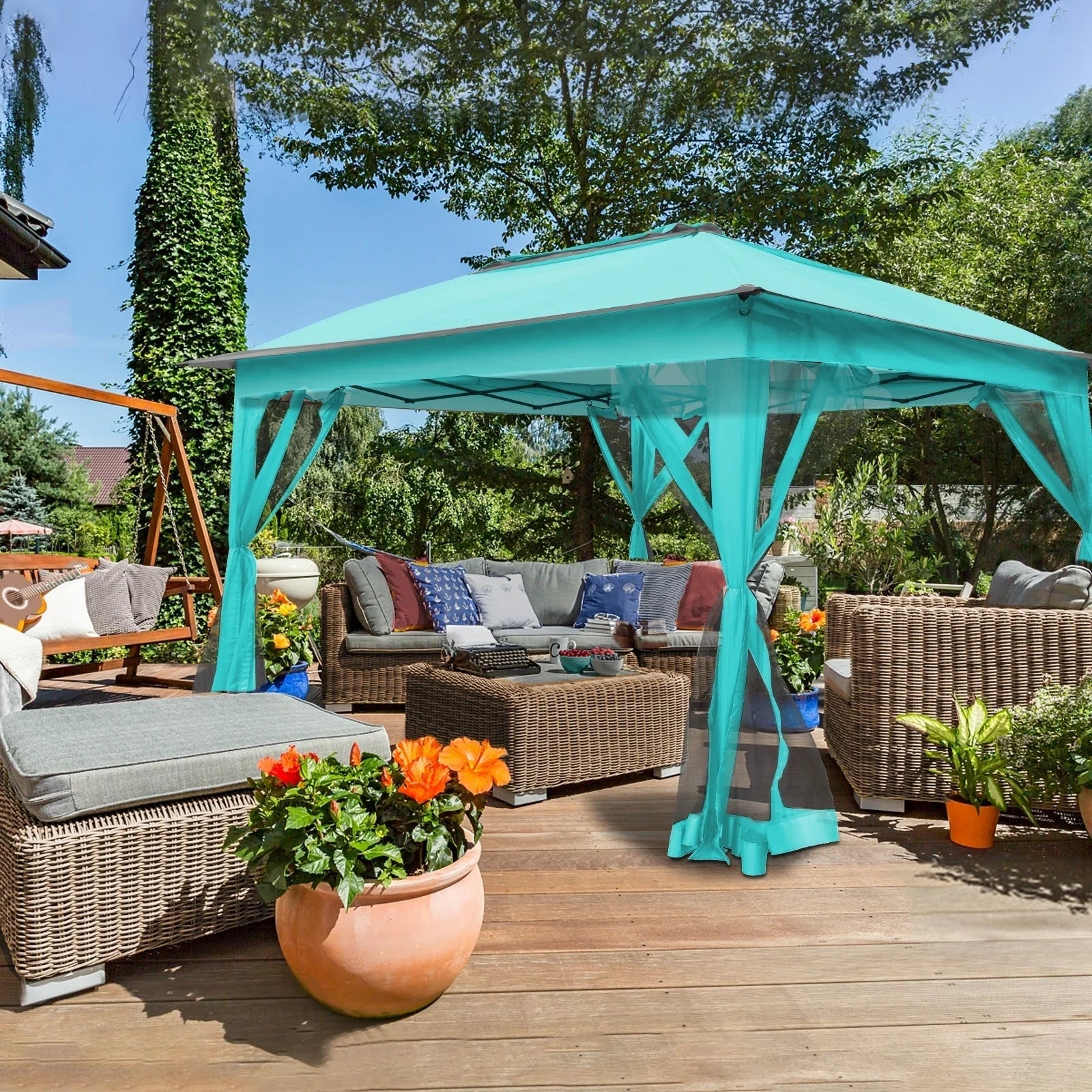 Tonnelle escamotable en acier Cozywor de 3,35 m x 3,35 m avec moustiquaire