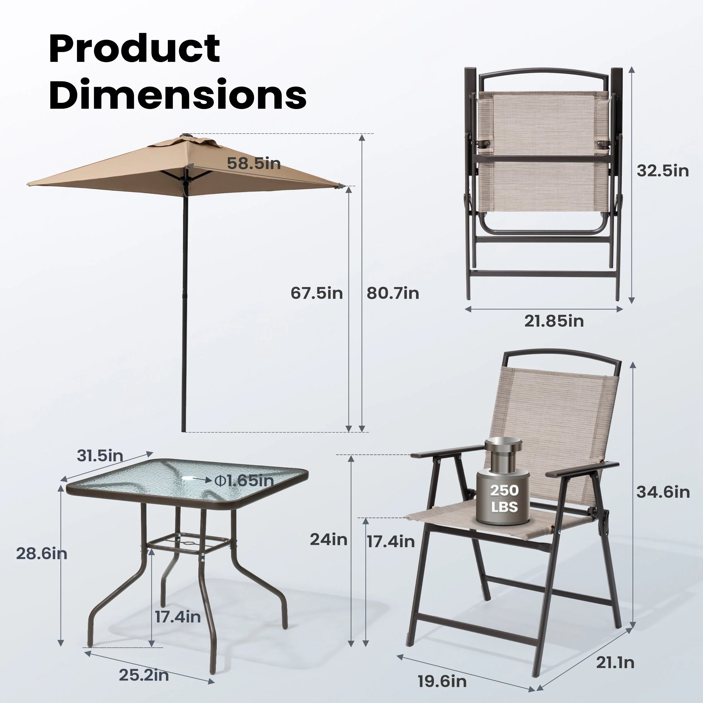 Ensemble de patio 6 pièces Pellebant avec table, parasol et 4 chaises pliantes - 22,4 L x 26,8 P x 34,4 H