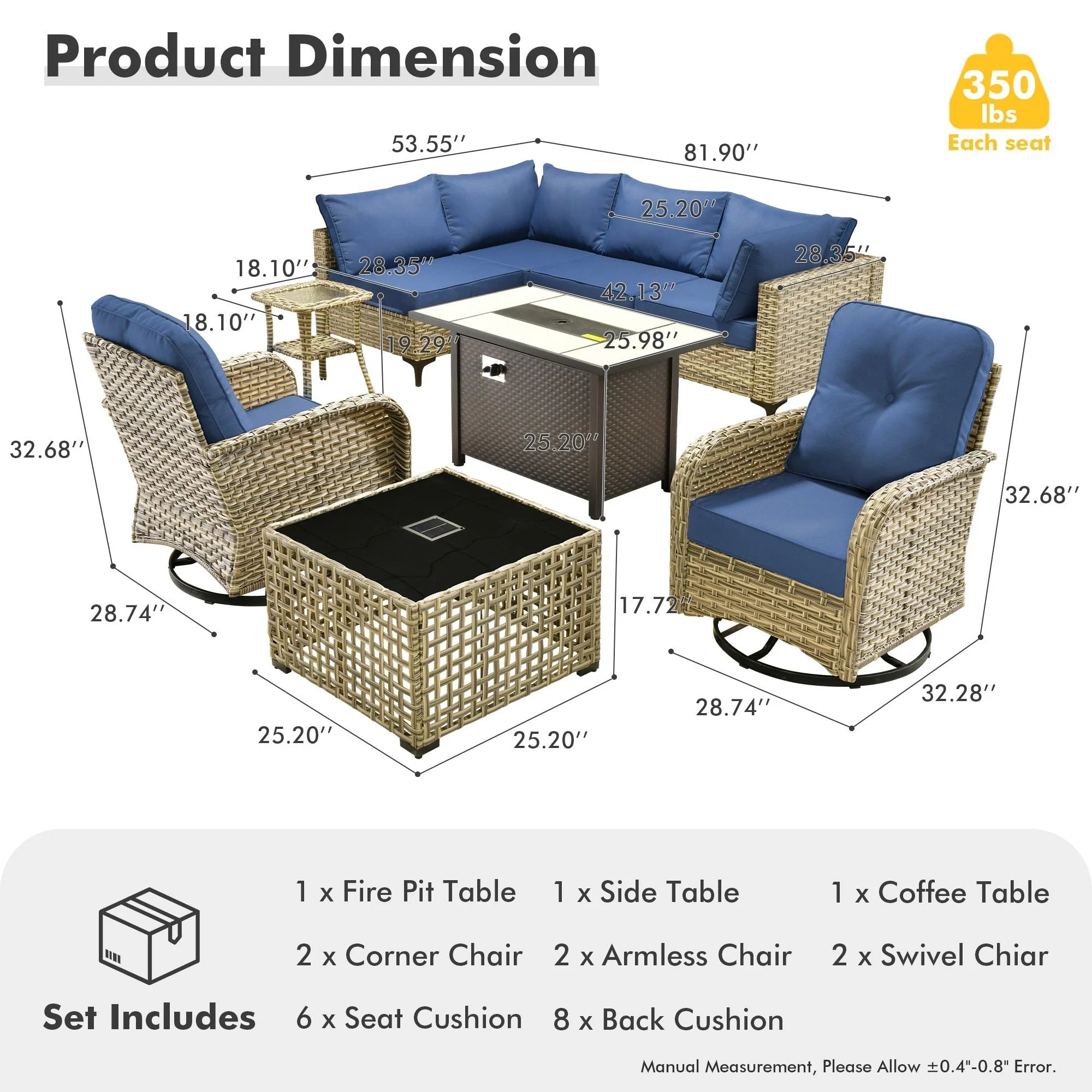 Ensemble de 9 chaises pivotantes en osier OVIOS pour l'extérieur avec table brasero