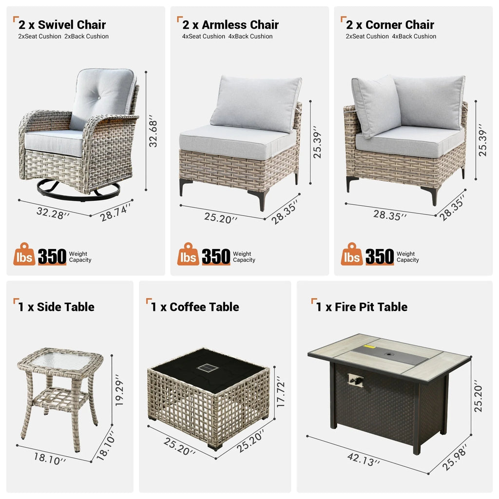 Ensemble de 9 chaises pivotantes en osier OVIOS pour l'extérieur avec table brasero