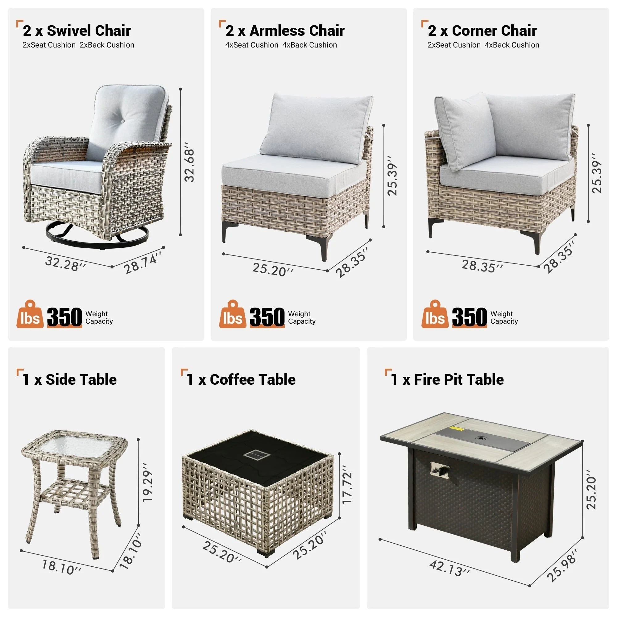 Ensemble de 9 chaises pivotantes en osier OVIOS pour l'extérieur avec table brasero