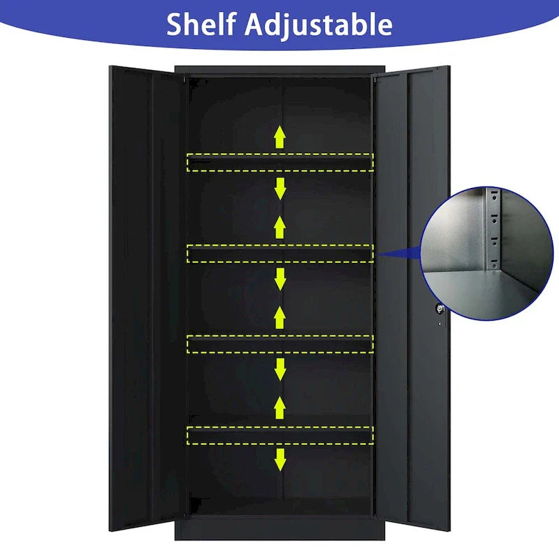 Armoire de rangement métallique de garage 72H, armoire de rangement noire en acier avec portes et 4 étagères