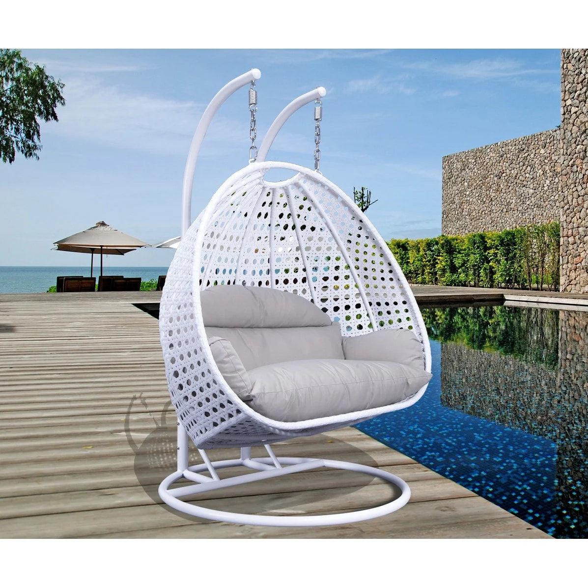 LeisureMod Fauteuil suspendu œuf 2 places avec support - Balançoire hamac de patio en rotin osier intérieur/extérieur avec coussins