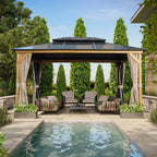 Tonnelle EROMMY à toit rigide, pergola extérieure avec double toit, moustiquaire et rideaux, auvent robuste pour patio, jardin, fête au bord de la piscine
