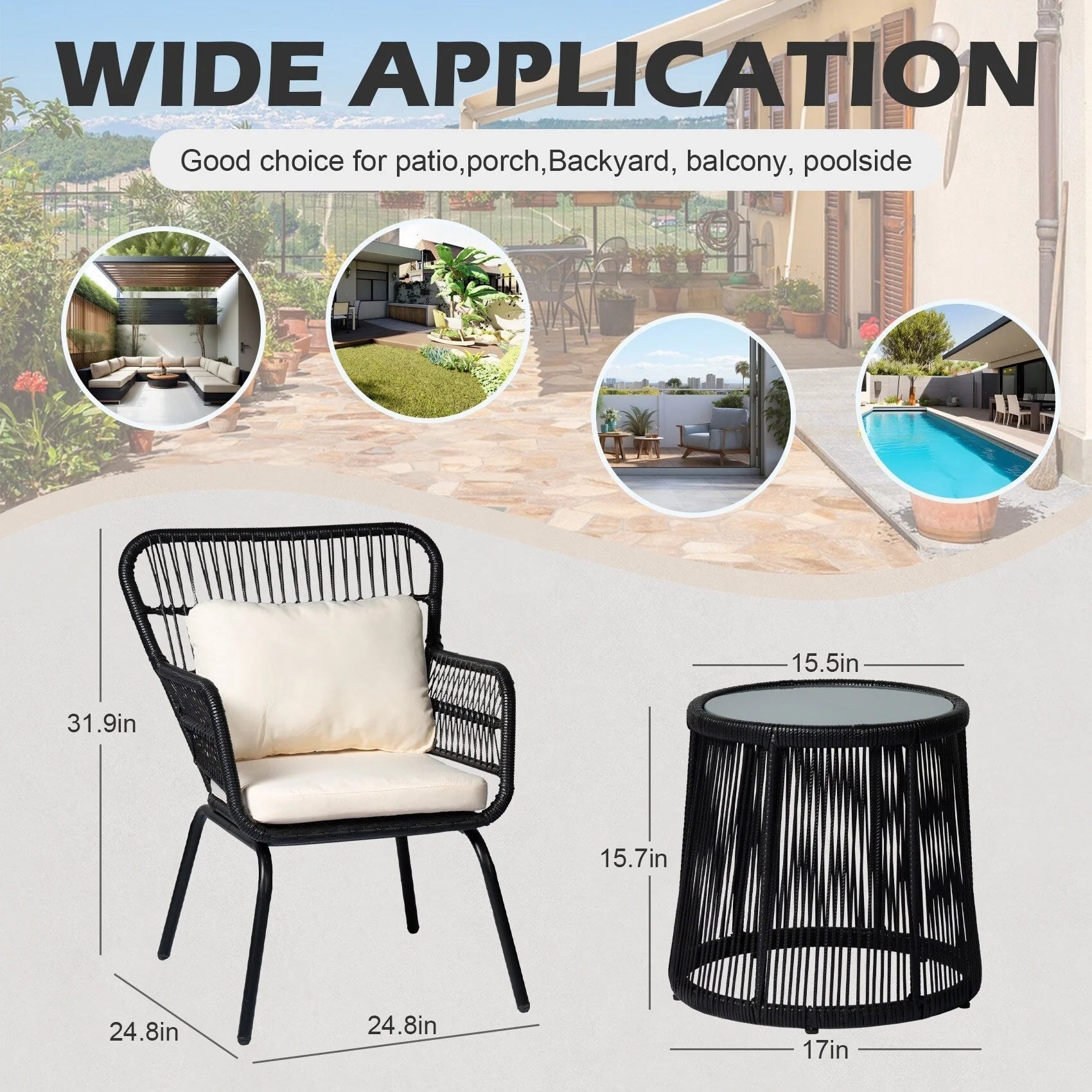 Ensemble bistrot 3 pièces en osier pour conversation, salon de jardin en rotin résistant aux intempéries avec coussins