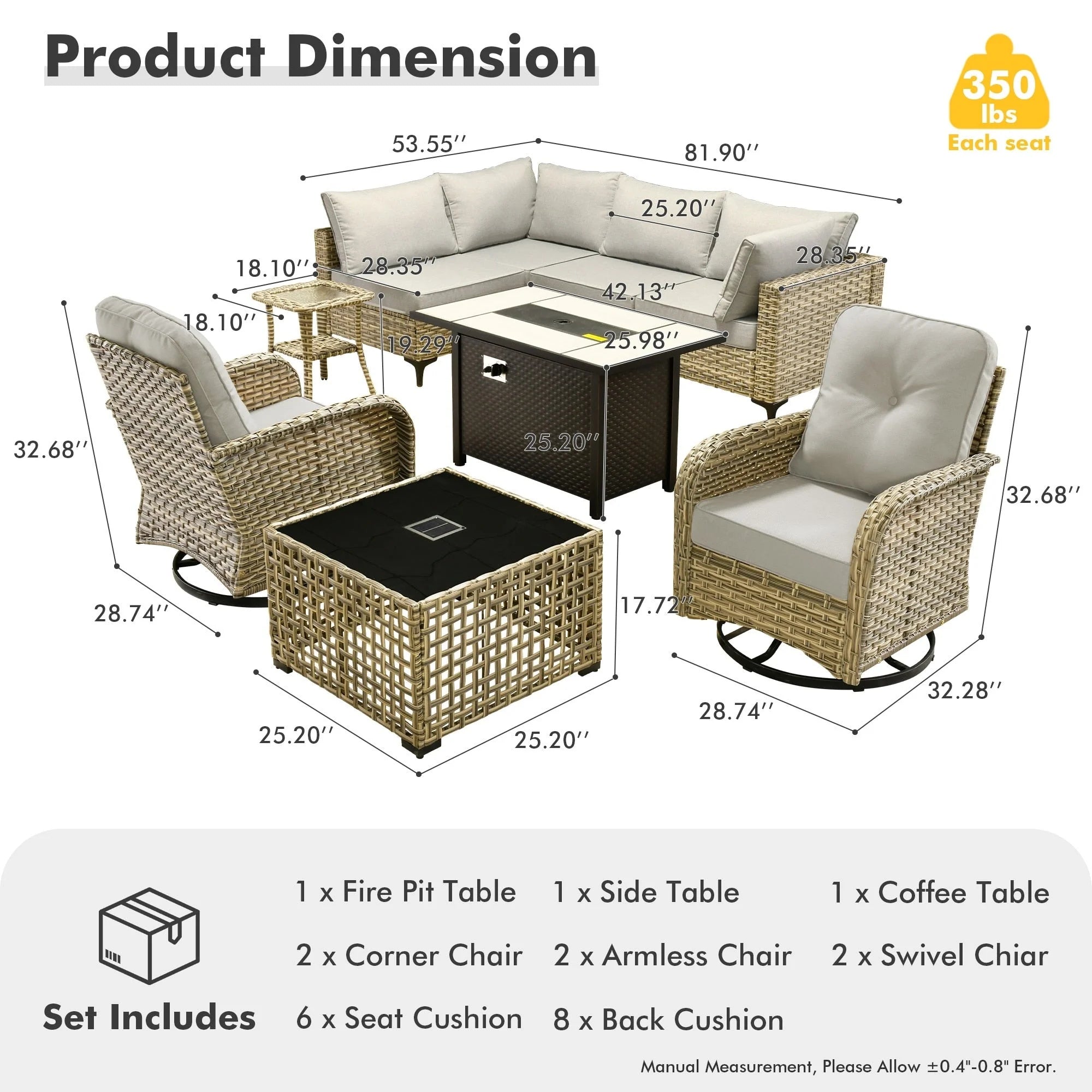 Ensemble de 9 chaises pivotantes en osier OVIOS pour l'extérieur avec table brasero