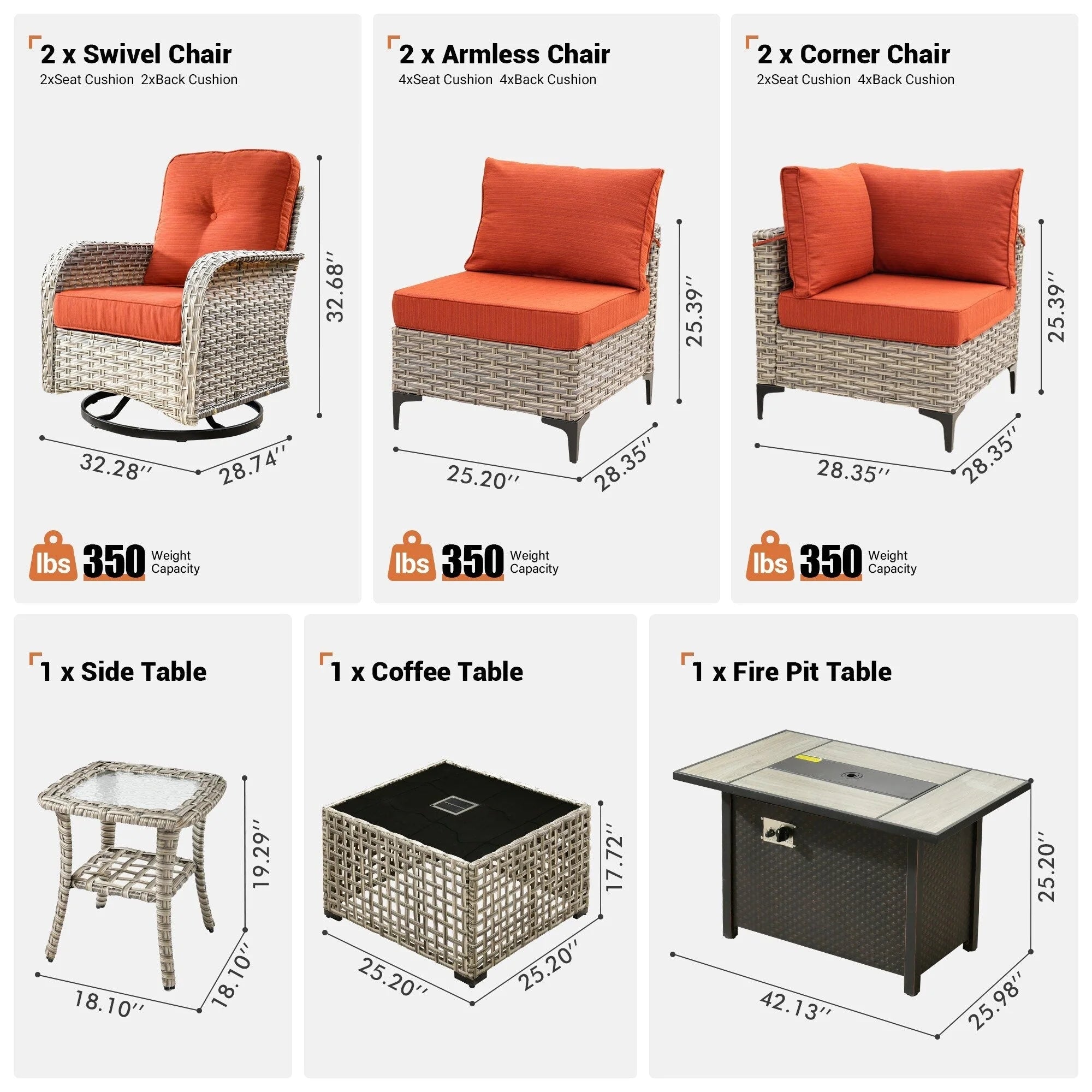 Ensemble de 9 chaises pivotantes en osier OVIOS pour l'extérieur avec table brasero