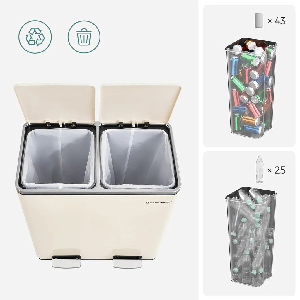 SONGMICS Poubelle double, 60L en acier inoxydable, Amande
