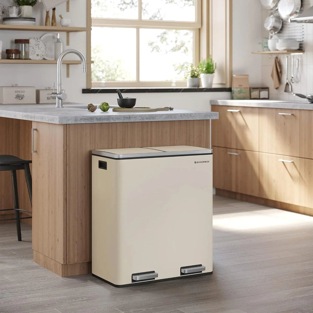 SONGMICS Poubelle double, 60L en acier inoxydable, Amande