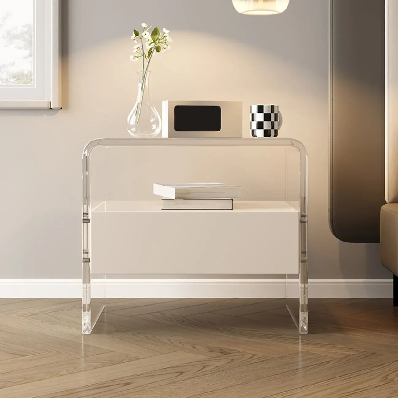 Table de chevet avec tiroirs de rangement en acrylique blanc transparent