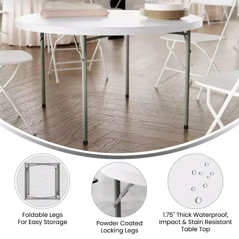 Table pliante ronde en plastique blanc granit de 4 pieds Flash Furniture
