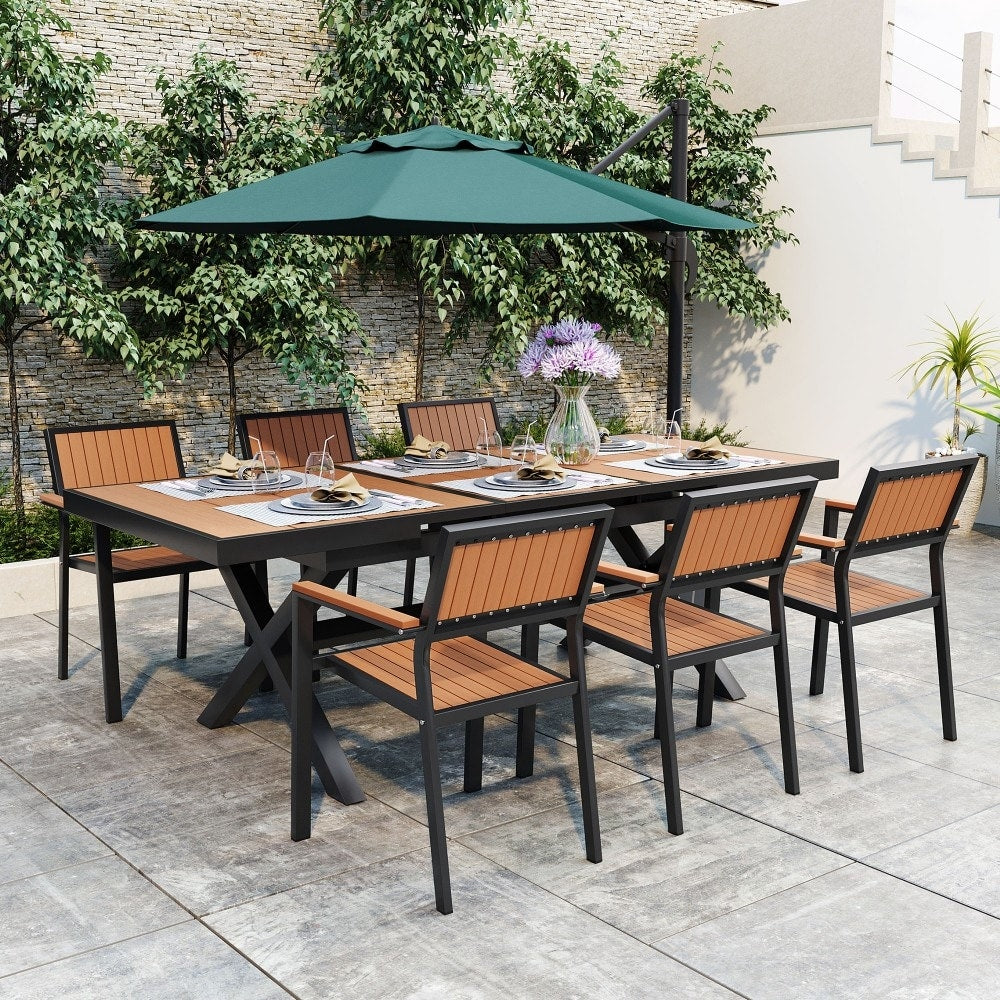 Ensemble de salle à manger d'extérieur moderne 7 pièces avec six chaises et une table extensible pour patio