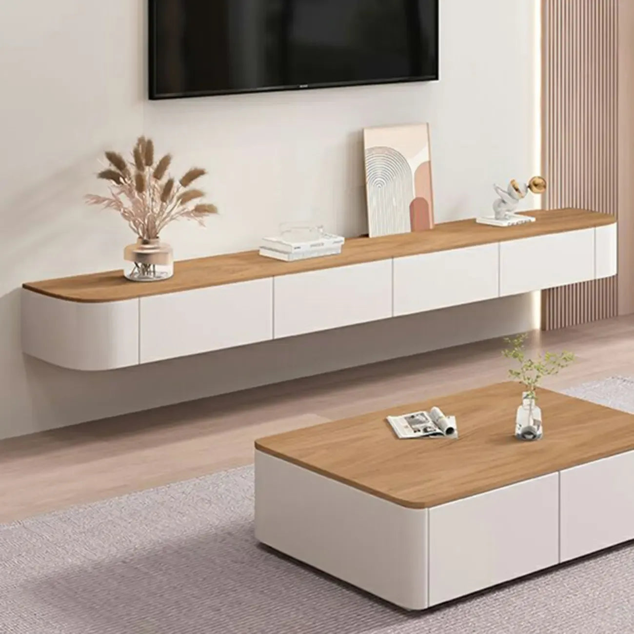 Meuble TV flottant contemporain en bois blanc avec tiroirs