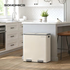 SONGMICS Poubelle double, 60L en acier inoxydable, Amande