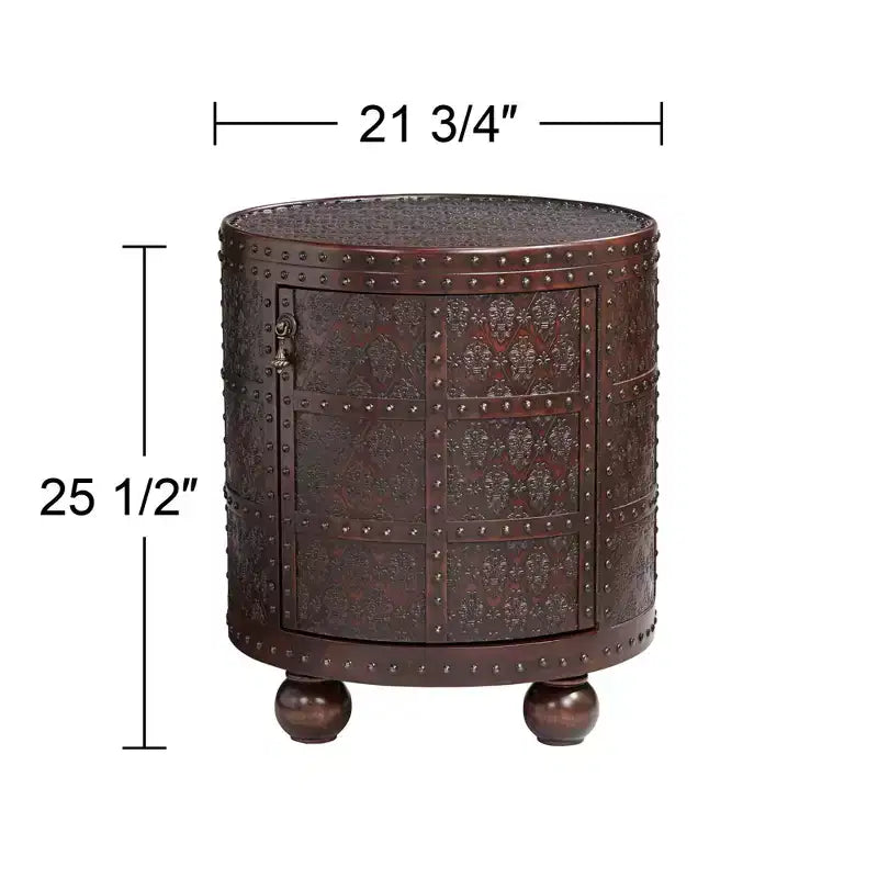 Table d'appoint ronde vintage rustique en bois Kensington Hill Hadley 55 cm de large avec étagère de rangement Motif gaufré en cuir marron pour salon
