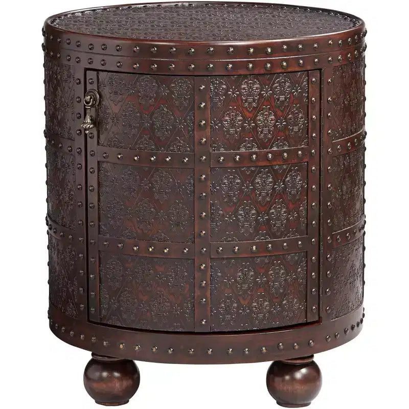 Table d'appoint ronde vintage rustique en bois Kensington Hill Hadley 55 cm de large avec étagère de rangement Motif gaufré en cuir marron pour salon