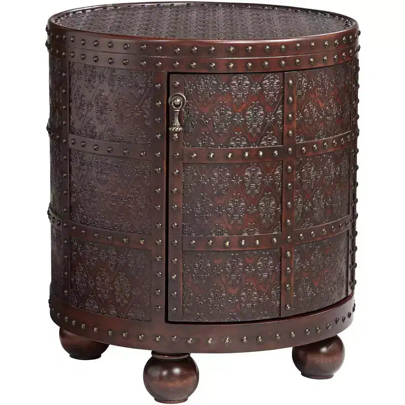 Table d'appoint ronde vintage rustique en bois Kensington Hill Hadley 55 cm de large avec étagère de rangement Motif gaufré en cuir marron pour salon