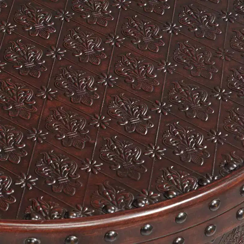 Table d'appoint ronde vintage rustique en bois Kensington Hill Hadley 55 cm de large avec étagère de rangement Motif gaufré en cuir marron pour salon