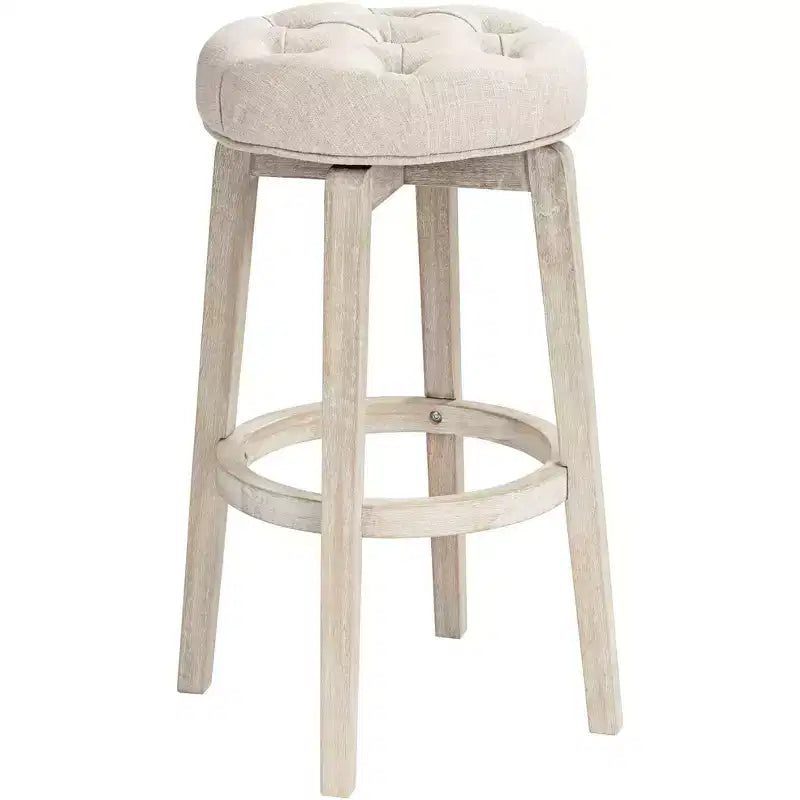 55 Downing Street Shelby White Wood Swivel Bar Stool 29 High Farmhouse Rustic Oatmeal Upholstered Cushion with Footrest for Kitchen Counter Height
