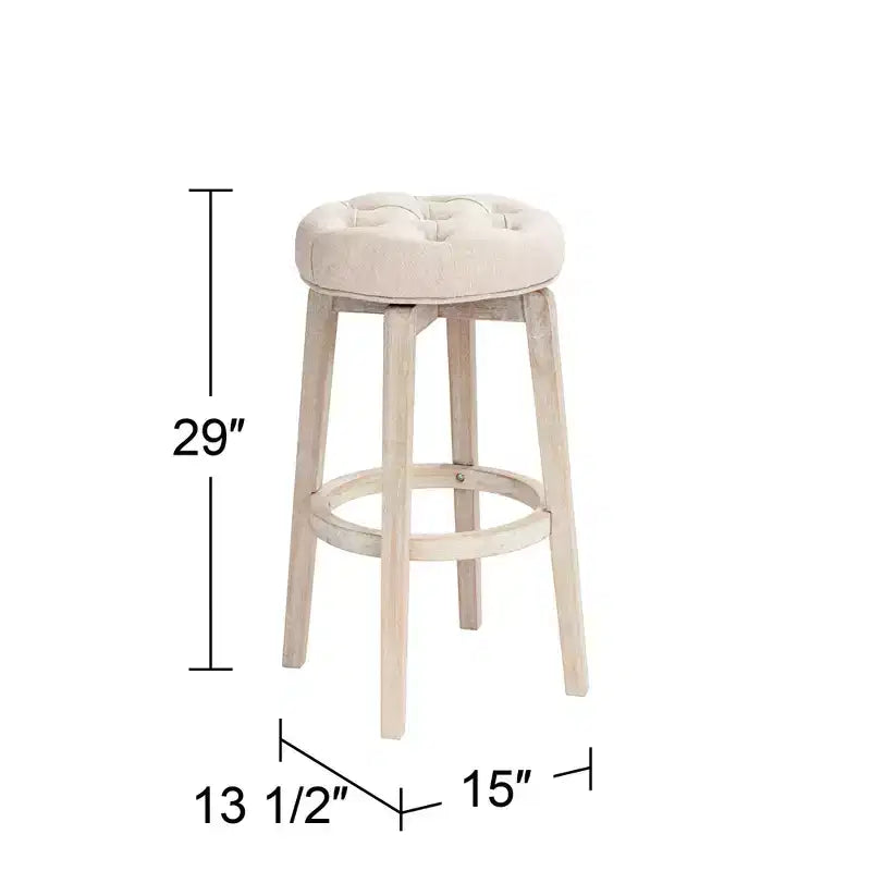 55 Downing Street Shelby Tabouret de bar pivotant en bois blanc 29 po de haut, rustique, style ferme, rembourré en tissu avoine avec repose-pieds pour comptoir de cuisine.