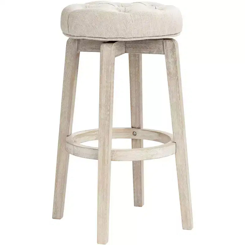 55 Downing Street Shelby Tabouret de bar pivotant en bois blanc 29 po de haut, rustique, style ferme, rembourré en tissu avoine avec repose-pieds pour comptoir de cuisine.