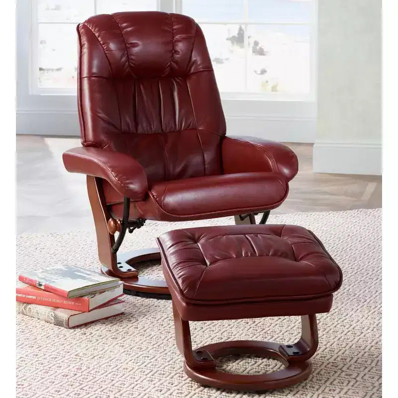 Fauteuil inclinable BenchMaster Kyle en similicuir rouge rubis, fauteuil moderne avec pouf repose-pieds, inclinaison manuelle ergonomique et pivotant pour chambre à coucher, salon, maison