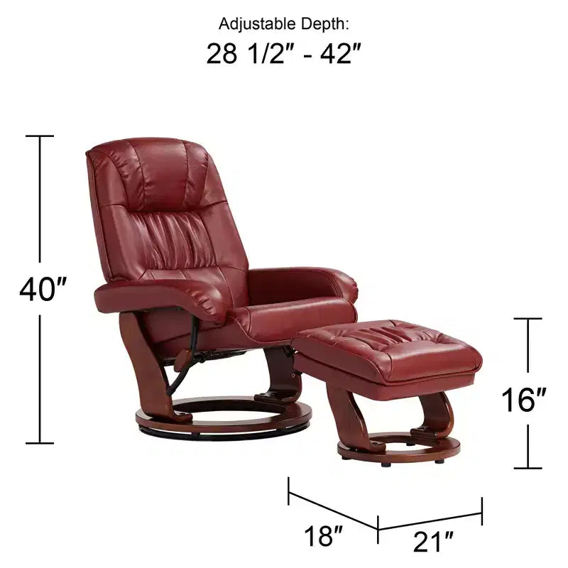 Fauteuil inclinable BenchMaster Kyle en similicuir rouge rubis, fauteuil moderne avec pouf repose-pieds, inclinaison manuelle ergonomique et pivotant pour chambre à coucher, salon, maison