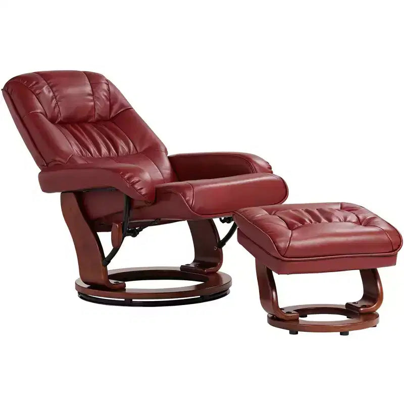 Fauteuil inclinable BenchMaster Kyle en similicuir rouge rubis, fauteuil moderne avec pouf repose-pieds, inclinaison manuelle ergonomique et pivotant pour chambre à coucher, salon, maison