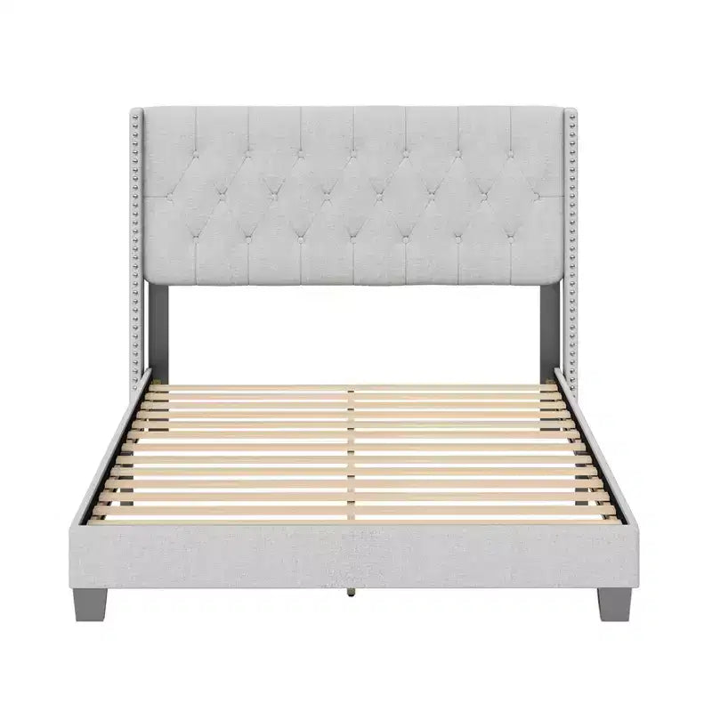 Lit plateforme capitonné en lin Maya Wingback avec clous décoratifs - Eco Dream