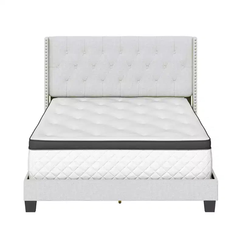 Lit plateforme capitonné en lin Maya Wingback avec clous décoratifs - Eco Dream