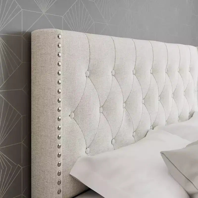Lit plateforme capitonné en lin Maya Wingback avec clous décoratifs - Eco Dream