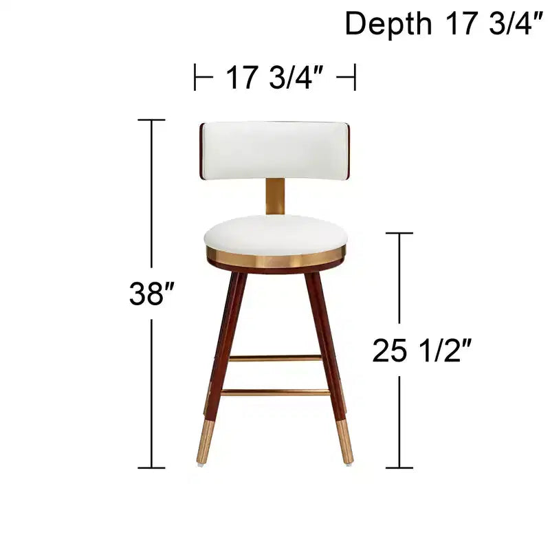Tabouret de bar Studio 55D Parker en noyer et métal, brun doré, hauteur 64,7 cm, avec coussin moderne en cuir blanc, dossier et repose-pieds, pour îlot de cuisine ou comptoir.