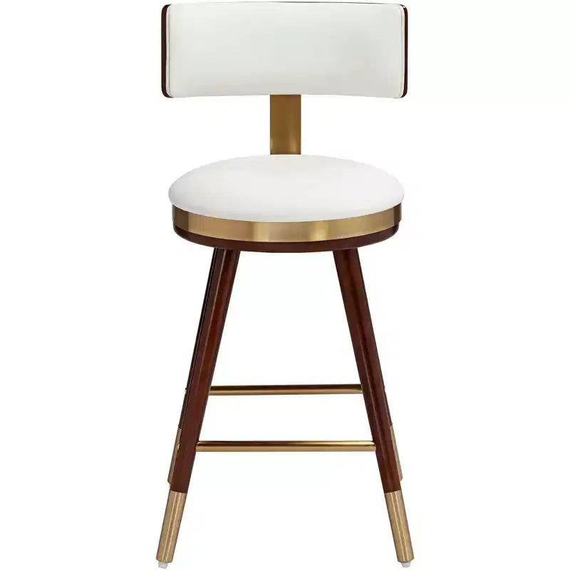 Tabouret de bar Studio 55D Parker en noyer et métal, brun doré, hauteur 64,7 cm, avec coussin moderne en cuir blanc, dossier et repose-pieds, pour îlot de cuisine ou comptoir.