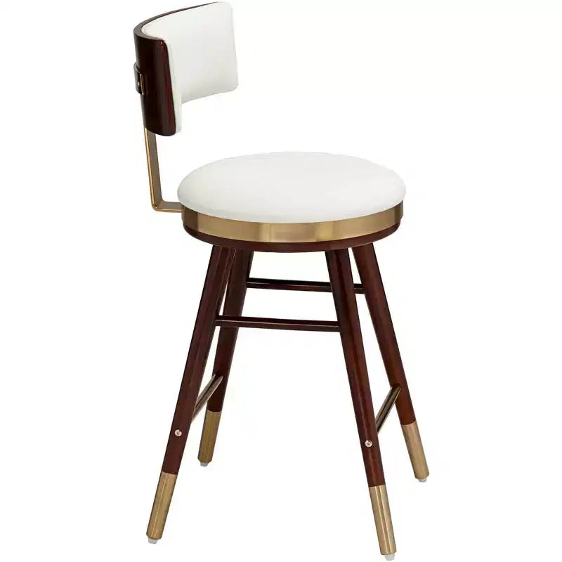 Tabouret de bar Studio 55D Parker en noyer et métal, brun doré, hauteur 64,7 cm, avec coussin moderne en cuir blanc, dossier et repose-pieds, pour îlot de cuisine ou comptoir.