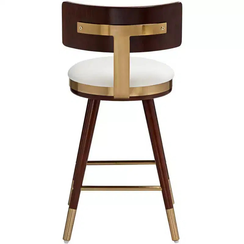 Tabouret de bar Studio 55D Parker en noyer et métal, brun doré, hauteur 64,7 cm, avec coussin moderne en cuir blanc, dossier et repose-pieds, pour îlot de cuisine ou comptoir.