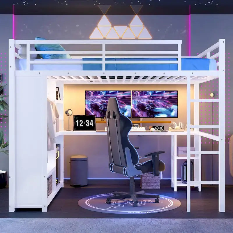 Lit mezzanine Queen - Armoire et bureau intégrés, cadre métallique avec étagères
